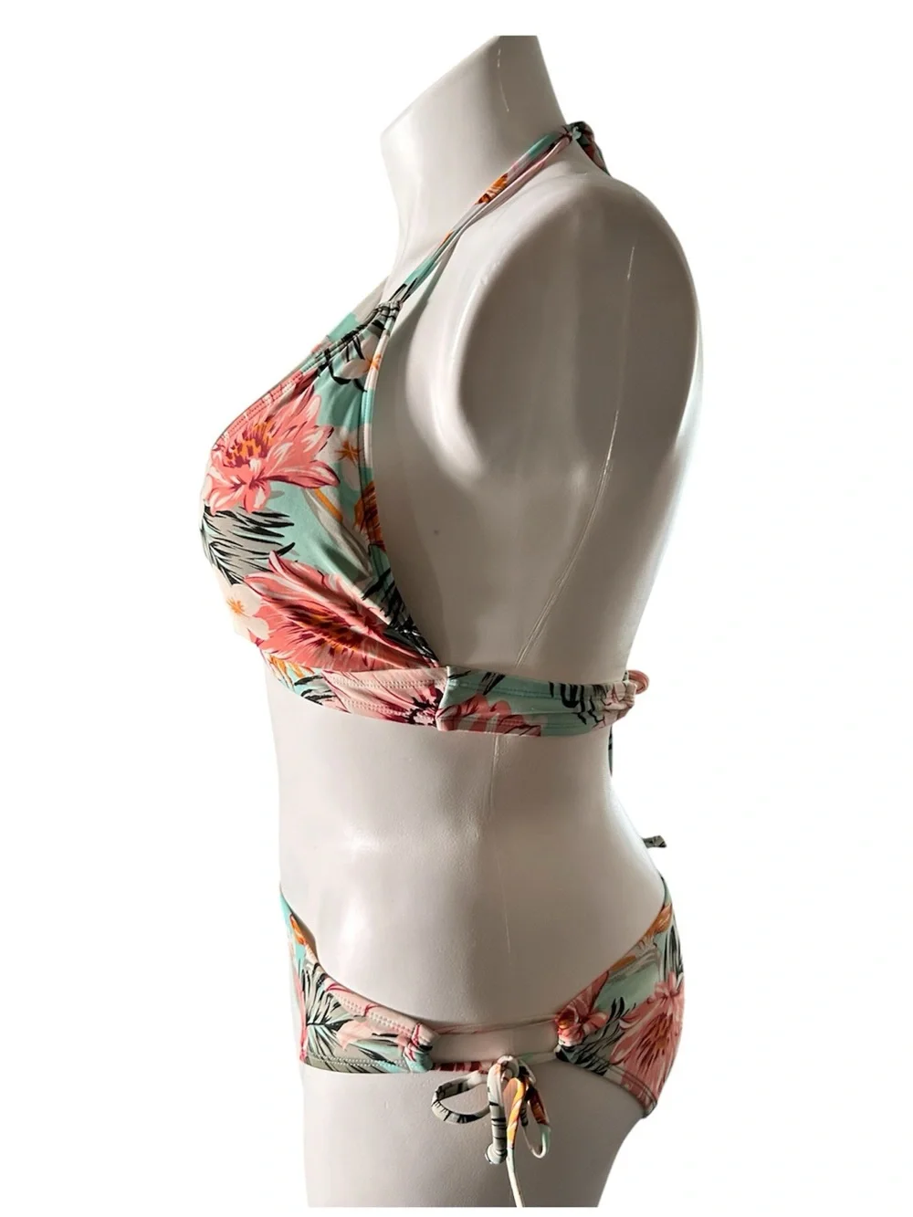 Kona Sol Triangle Bikini Floral Print Aqua Pink White Halter Top EUC Sz XL
